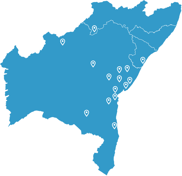 Mapa demonstrando as 16 franquias da Singular Pharma no Nordeste brasileiro